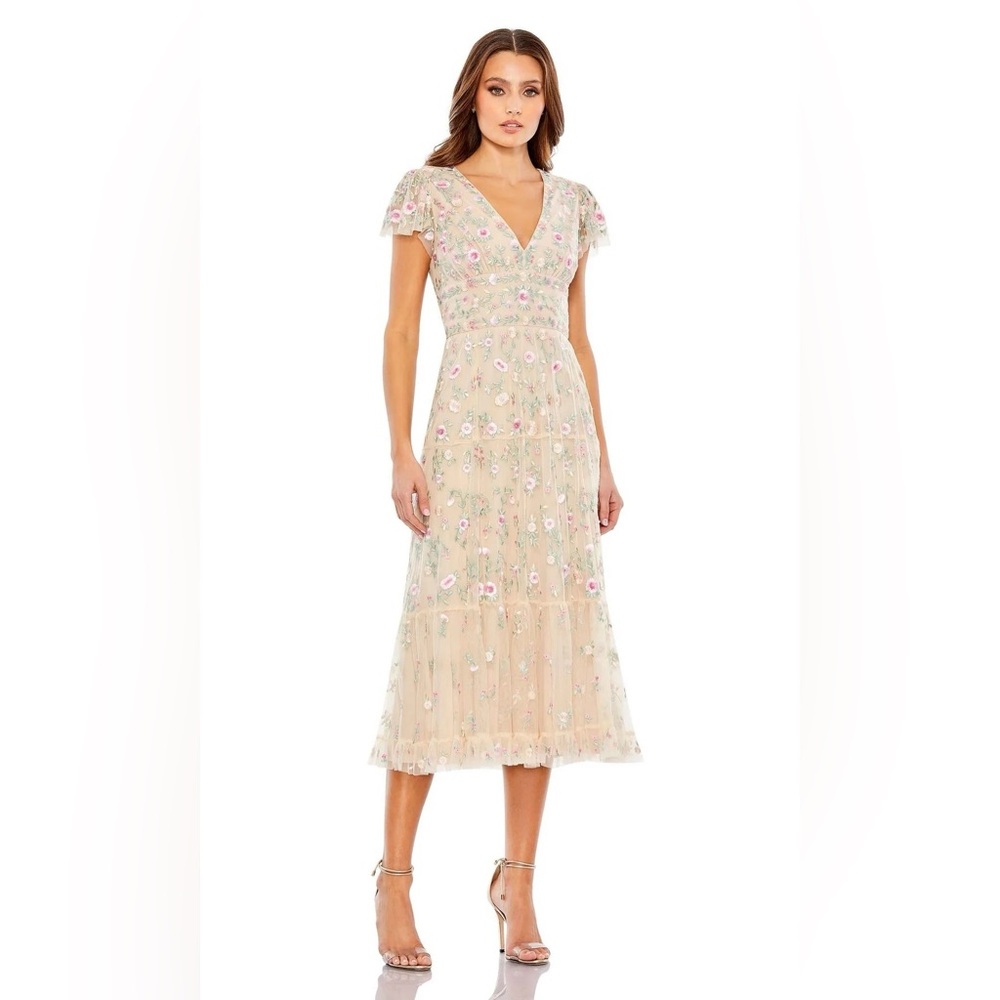 Sz 4 Mac Duggal 35104 Embroidered V-Neck Cap Sleeve Midi Dress Nude Multi